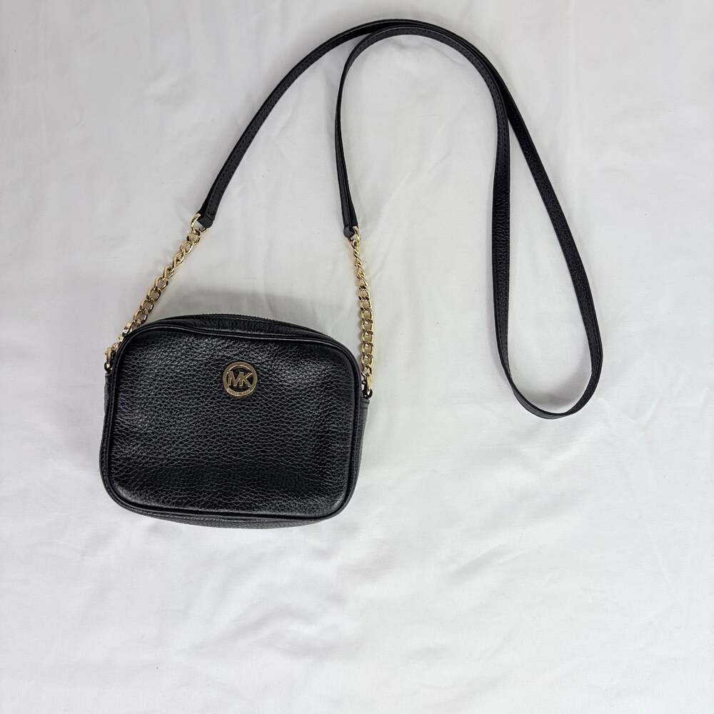 Michael Kors Black pebble leather small crossbody bag, gold tone chain accents